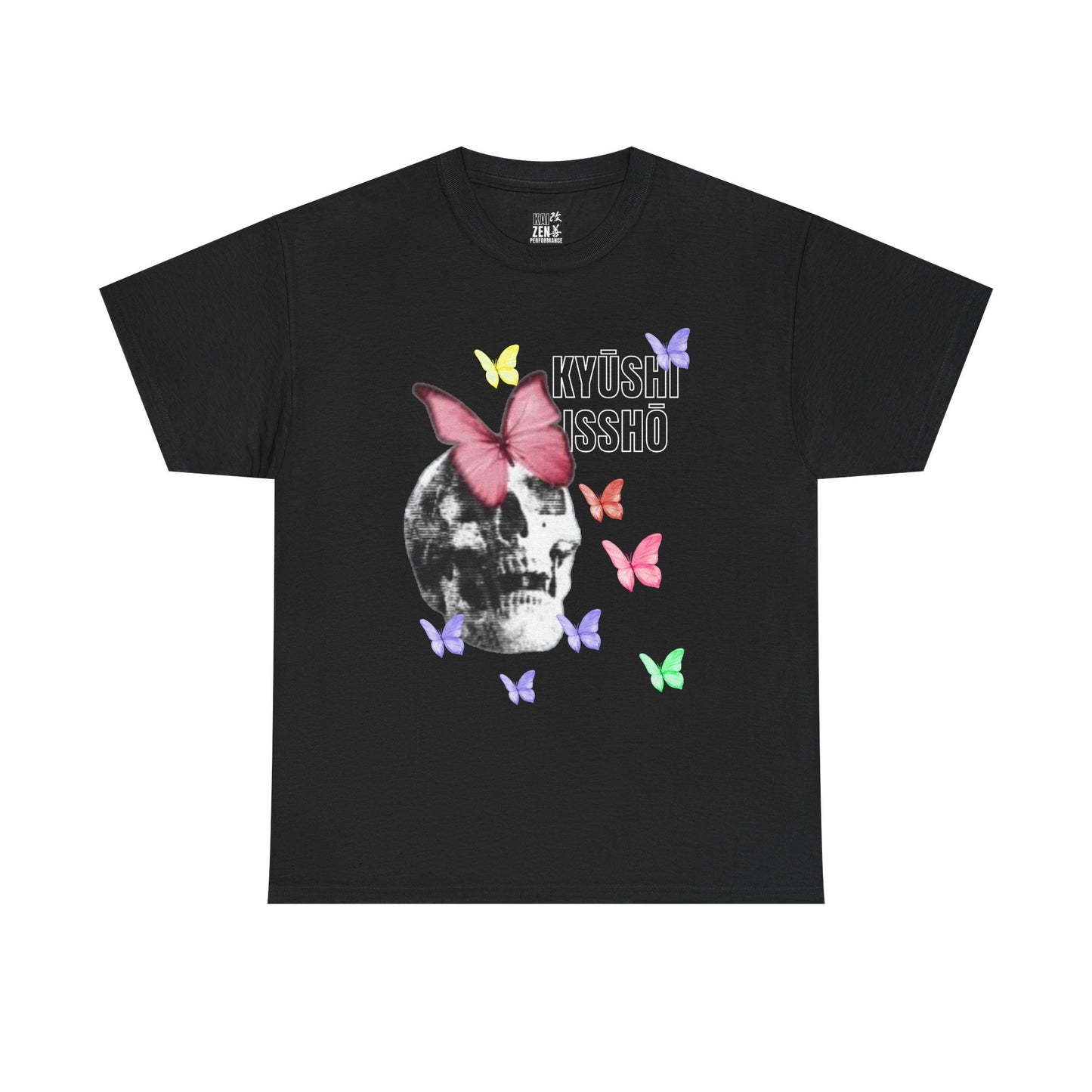 Skull & Pastel Butterfly T-Shirt — 'KYUSHI ISSHO' Graphic Tee