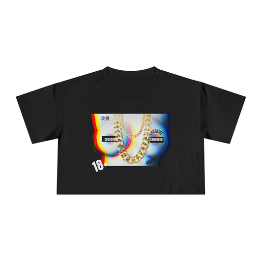 Crop Tee - Censored Naked Boobs with Bling Bling and Tattoos Design