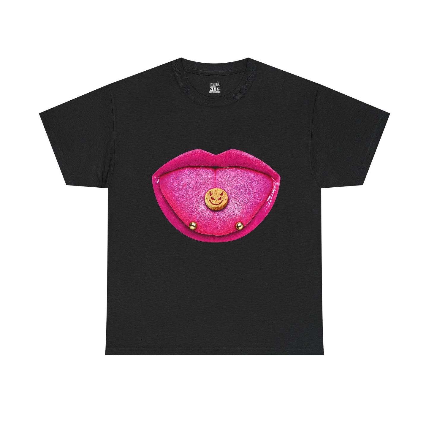 Graphic Tee — Pink Lip Tongue Piercing with Smiley Stud