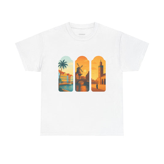 Sunset Cityscape Unisex Heavy Cotton Tee, Beach Vibes Shirt, Travel Lover Gift, Relaxed Casual Wear, Summer Outfit