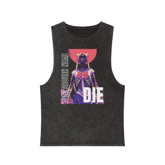 Unisex Stonewash Graphic Tank Top - Even Heroes Die