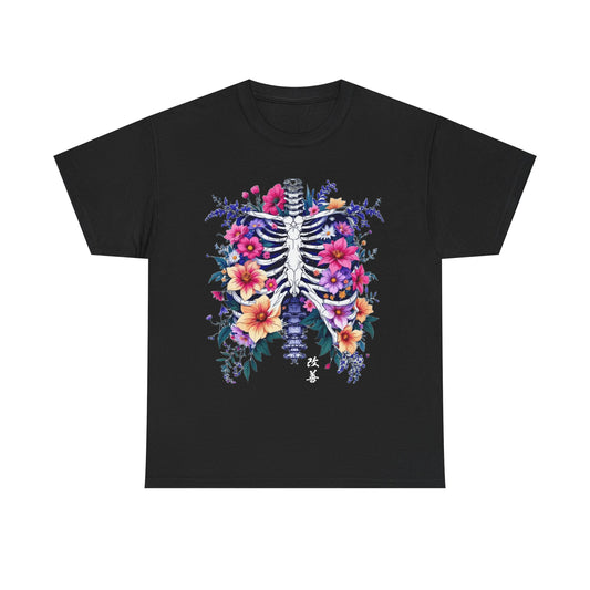 Floral Skeleton Unisex Tee - Boho Chic Heavy Cotton Shirt