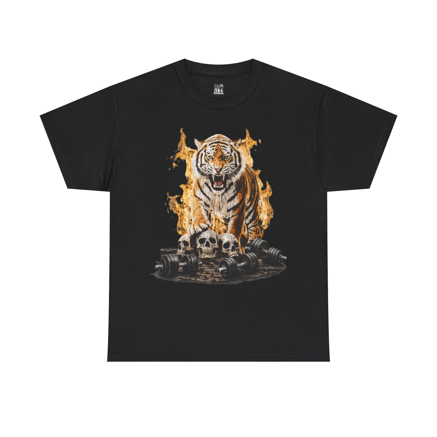 Tiger Flames Tee — Fierce Tiger with Skulls and weights Graphic Gymshirt