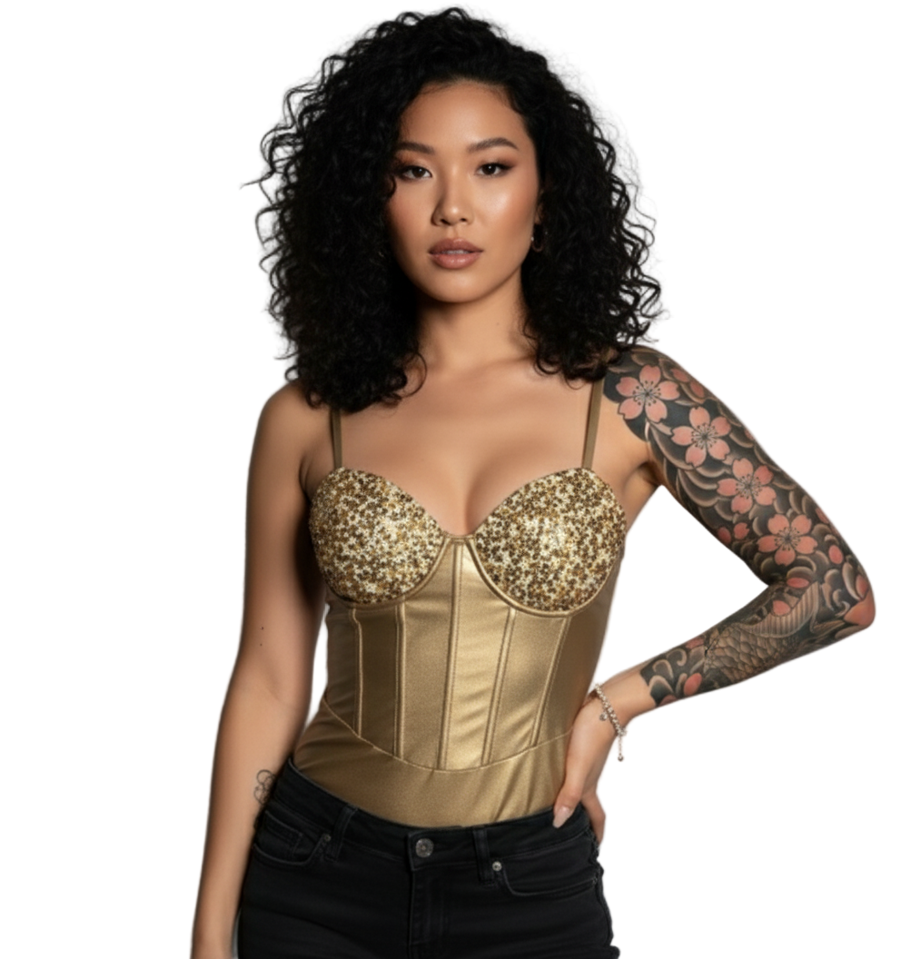 Woman wearing a gold corset and black pants against a gray background