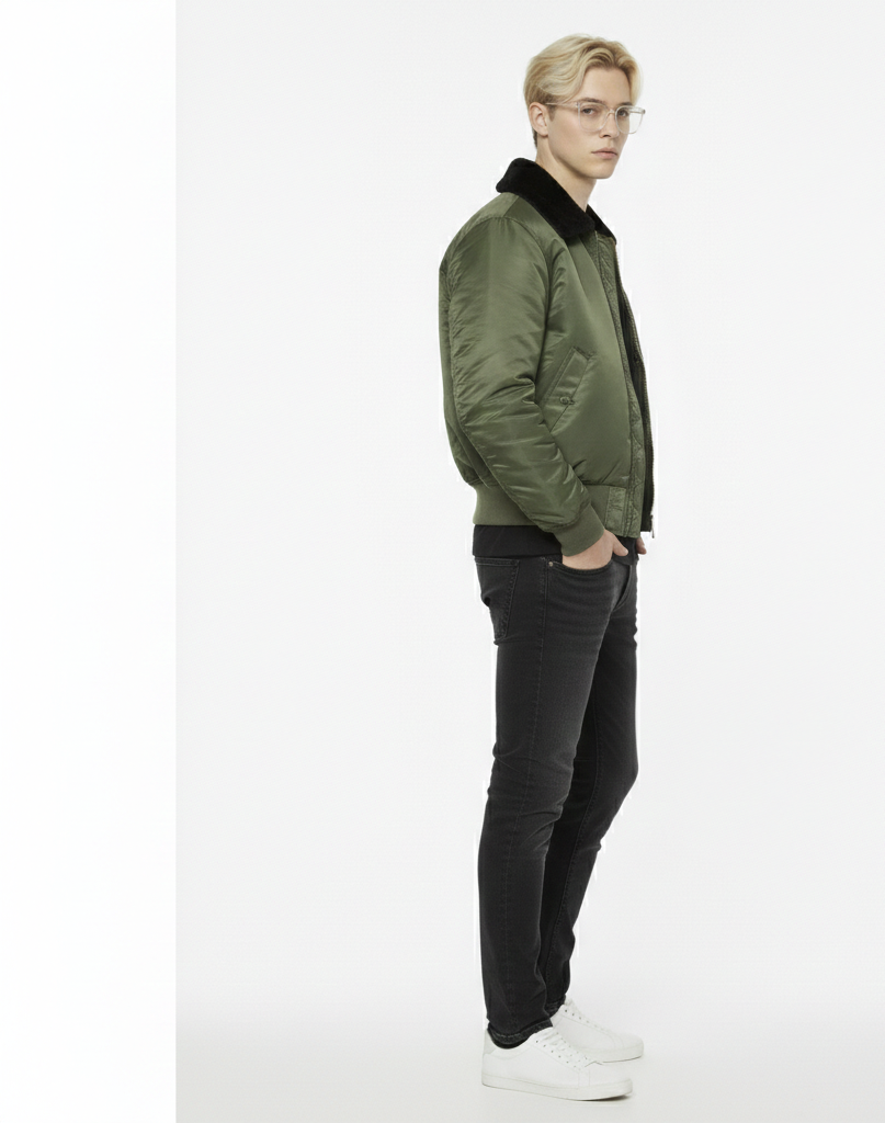 Emerald green Nylon Faux Fur Bomber Jacket
