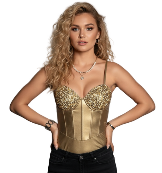 Woman wearing a gold corset with embellishments against a gray background