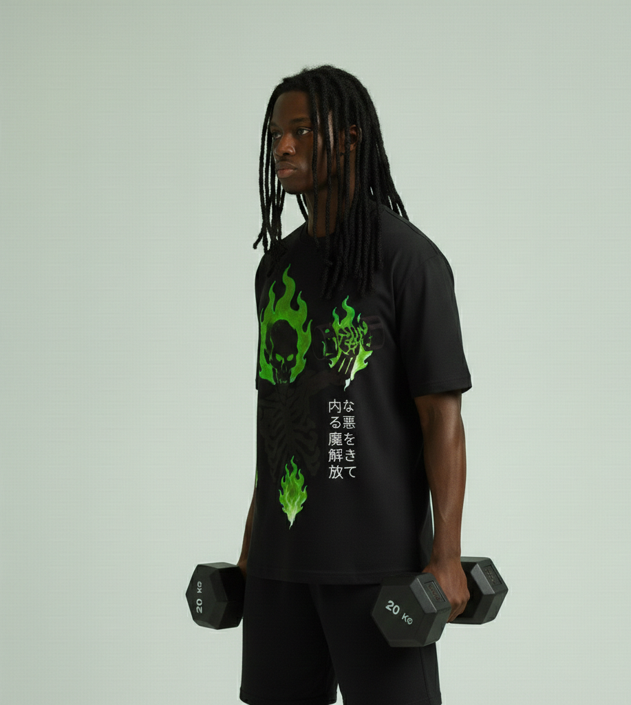 Green Flame Skeleton beast gym — Japanese Skull Graphic Tee