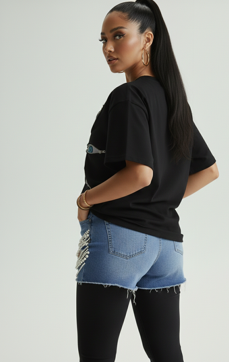High-Waist Ripped Denim Shorts with Bead Chain – Handmade Streetwear Elegance
