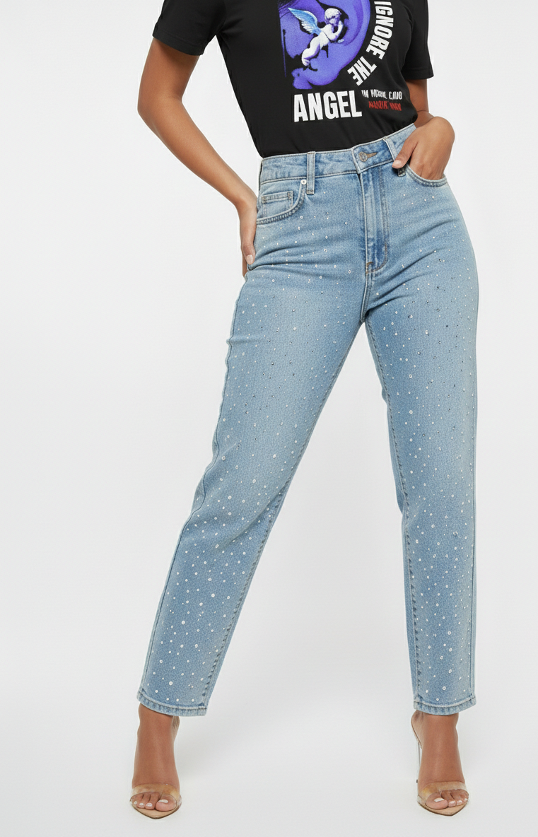 High-Waist Straight Rhinestone Washed Jeans – Women’s Streetwear Denim