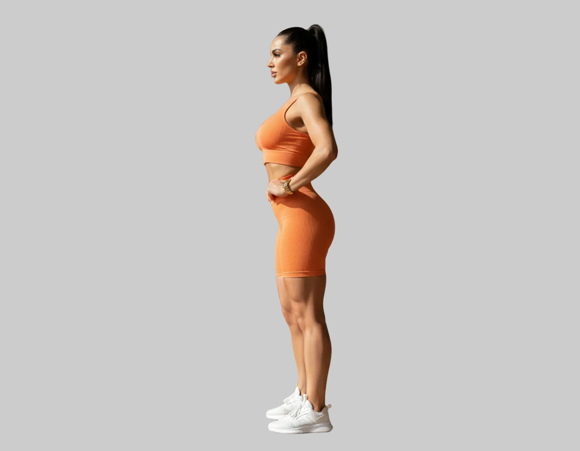 Woman in orange athletic wear standing in a well-lit room with large windows.
