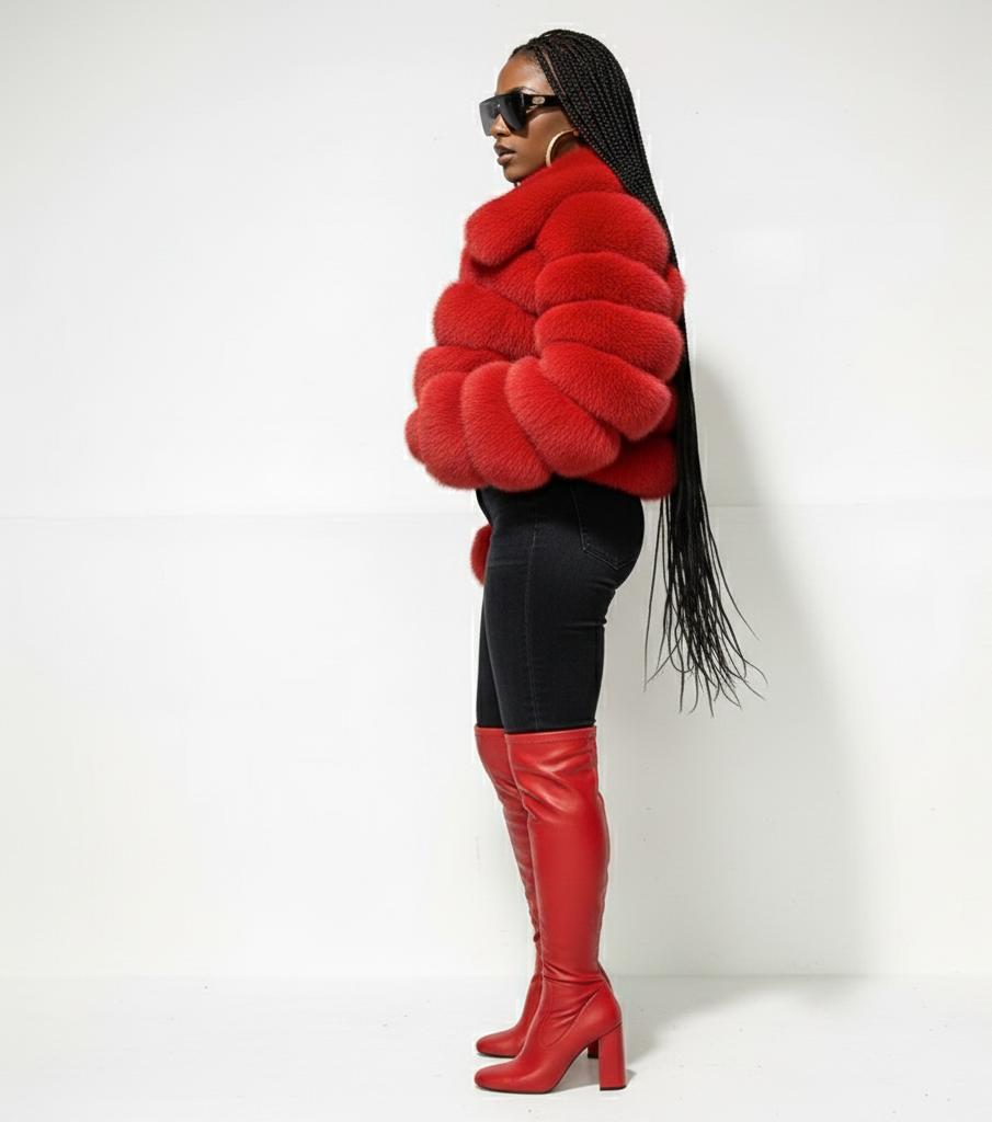 Person wearing a red fur coat and red knee-high boots on a white background