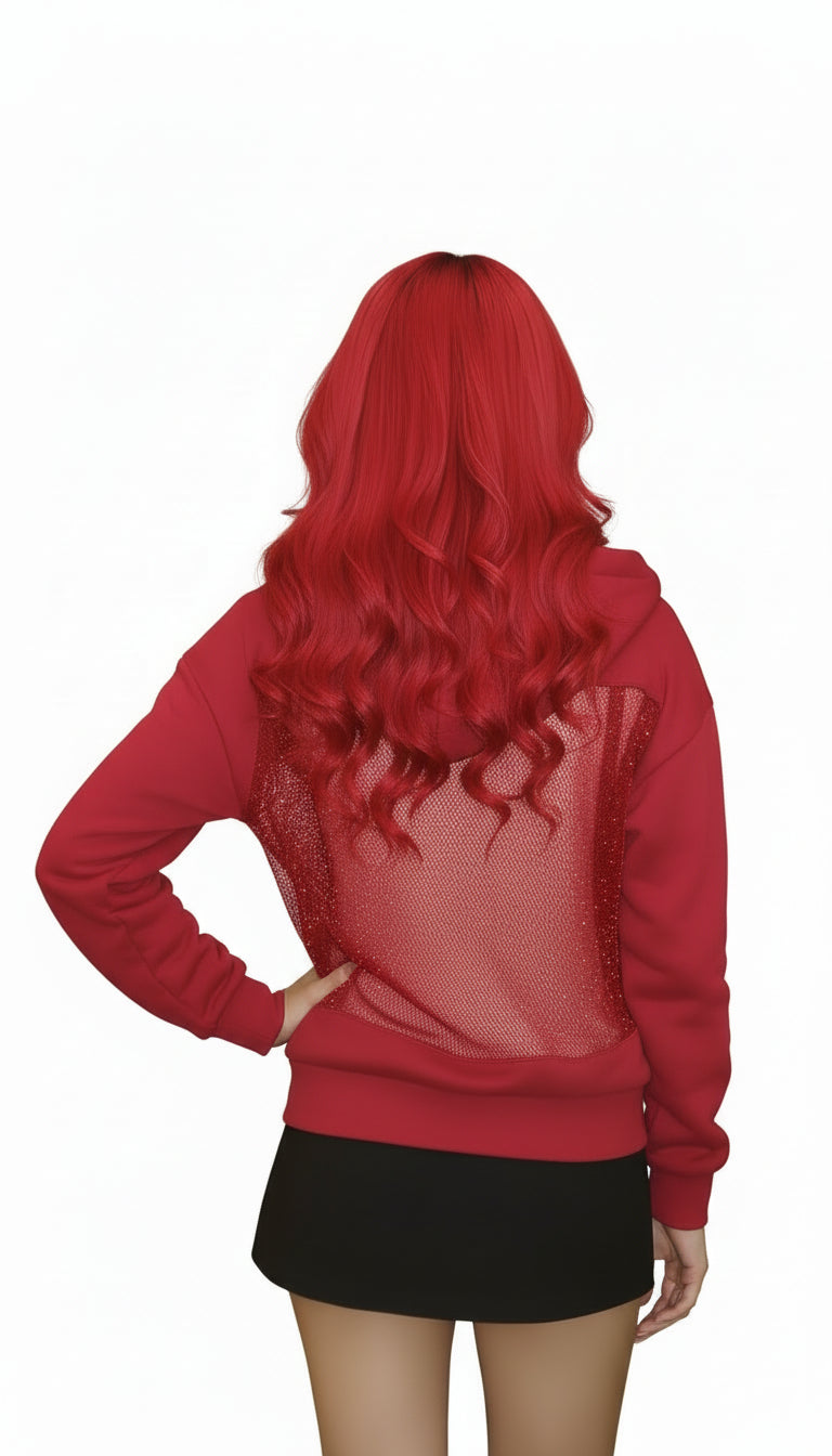 Person wearing a red hoodie with mesh panels on a white background