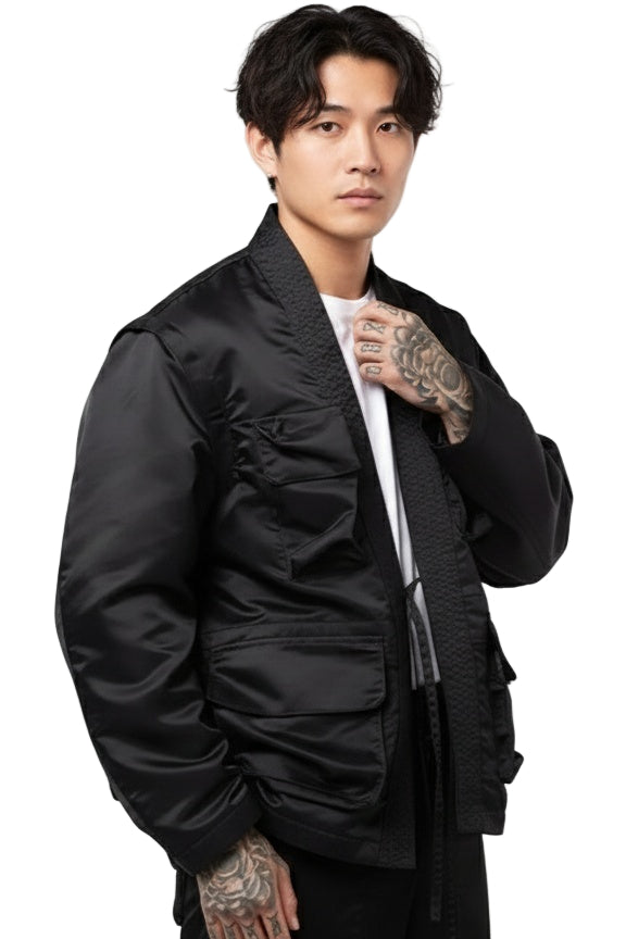 Man wearing a black bomber jacket on a white background