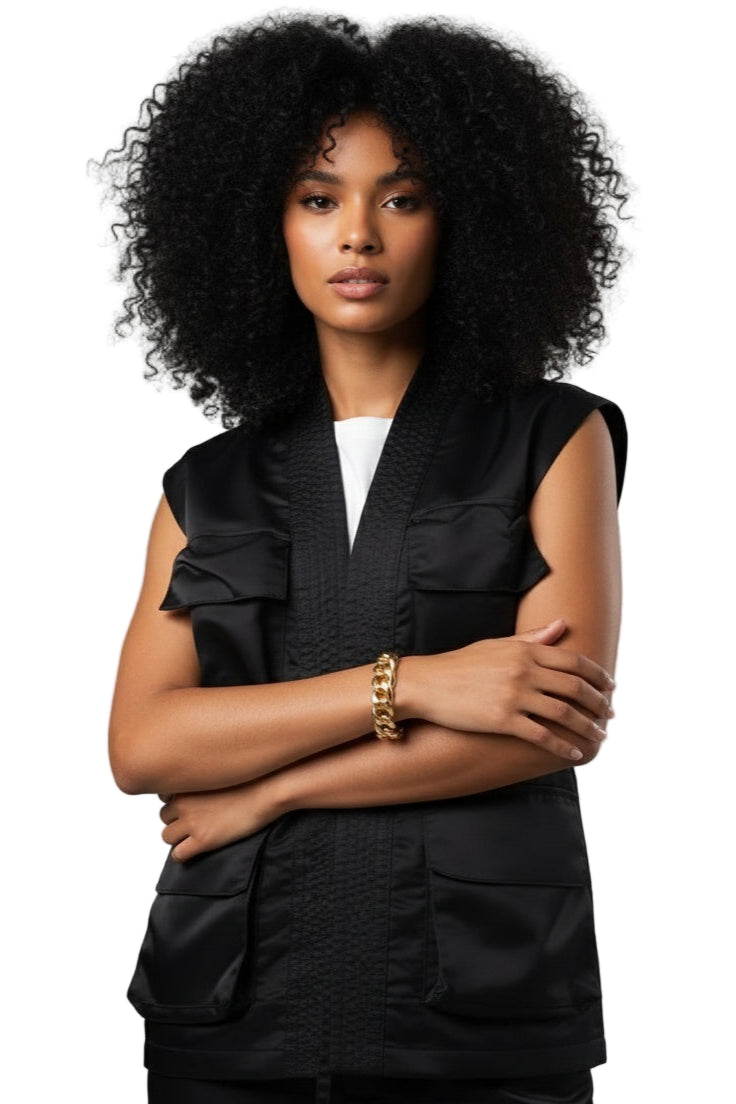 Samurai-inspired kimono cut with modern bomber edge sleeveless