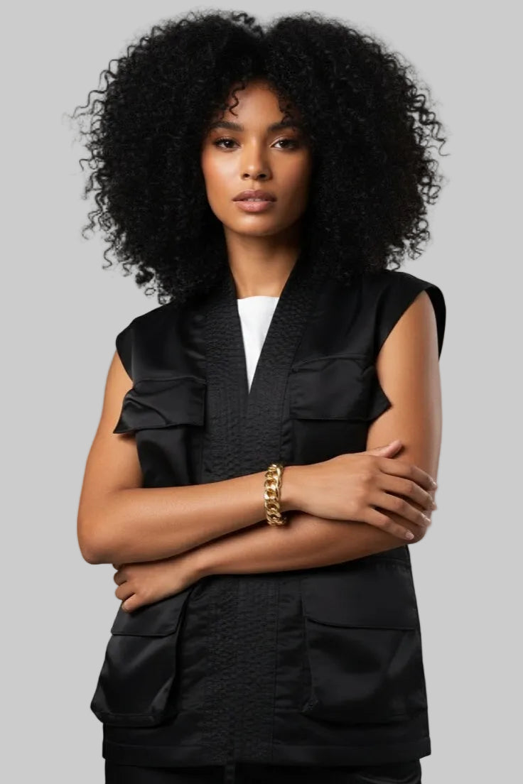 Samurai-inspired kimono cut with modern bomber edge sleeveless