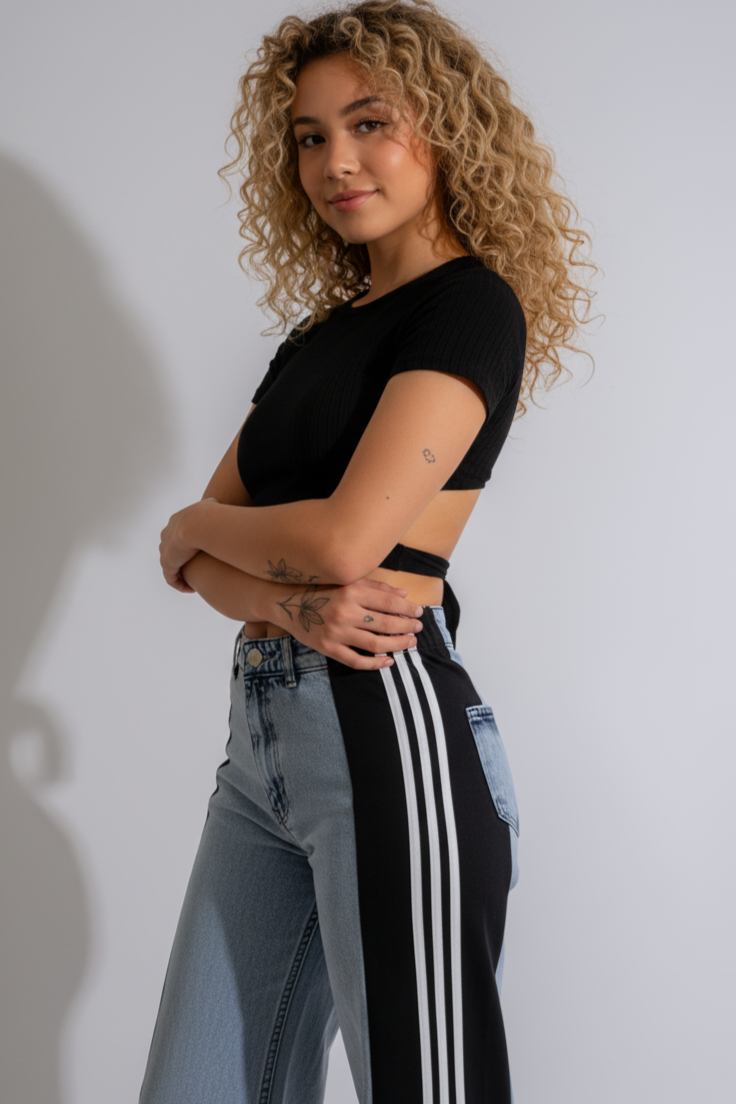 Woman wearing a black top and black  pants with white stripes against a plain background