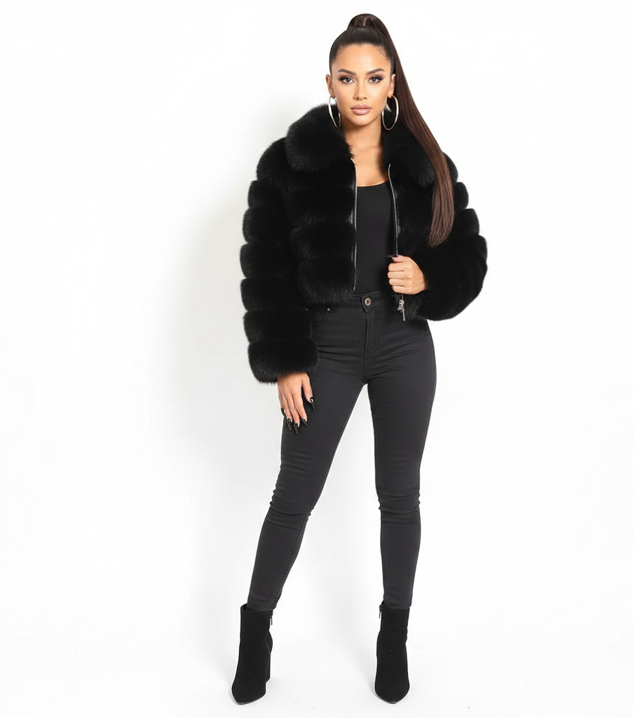 Woman wearing a black fur coat, black top, and black jeans on a white background