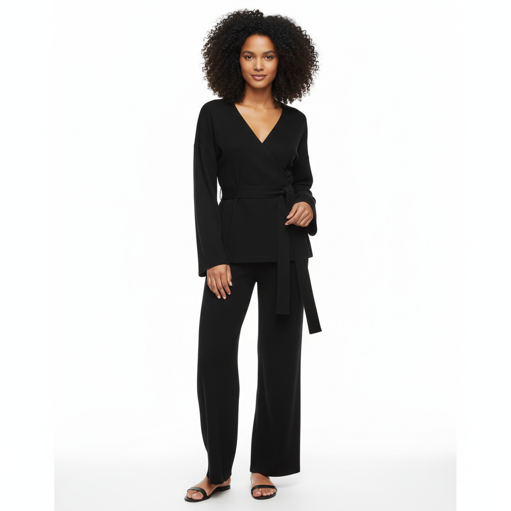 Woman wearing a black jumpsuit on a white background