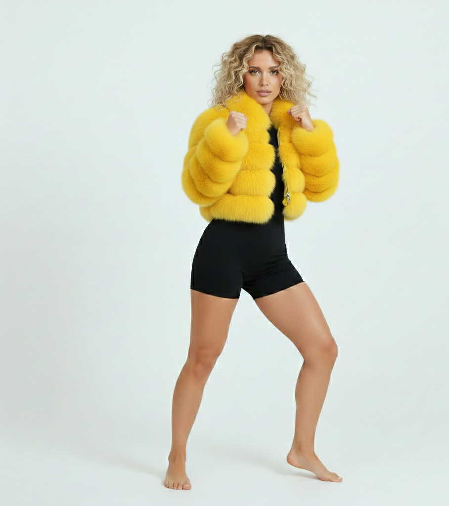 Woman wearing a bright yellow fur coat and black shorts on a white background