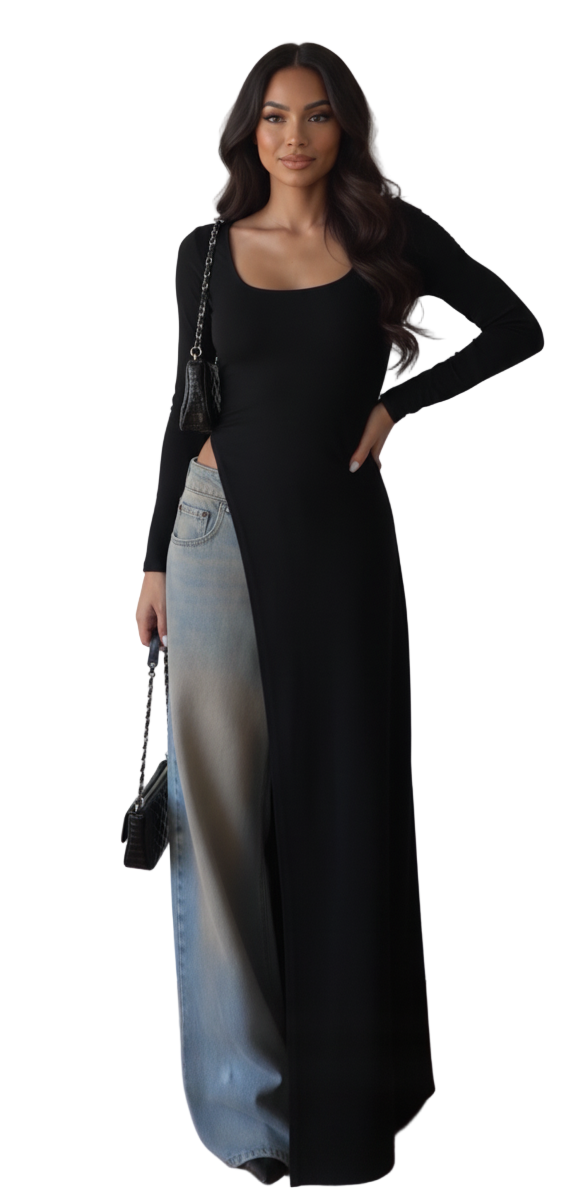 Woman wearing a long, elegant dress with a gradient effect in a minimal indoor setting.