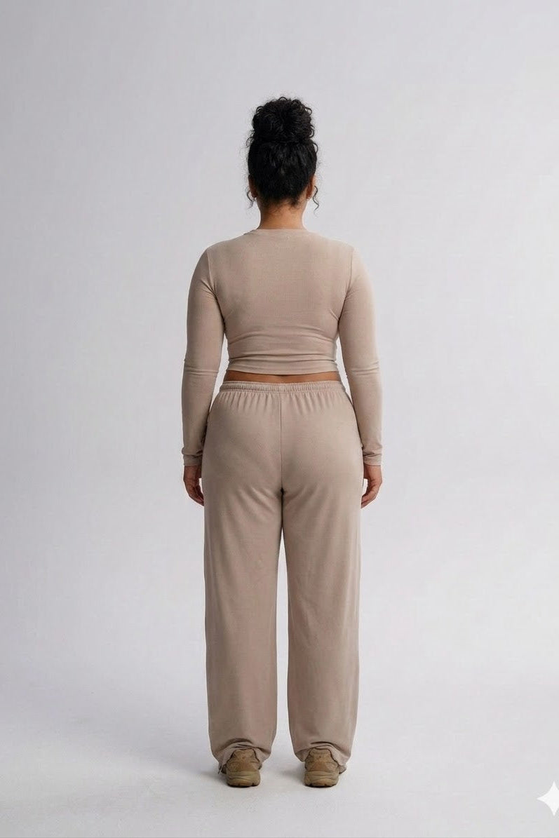 Women's Long Sleeve Sports Suit Set – Top & High-Waist Wide Leg Pants coffee