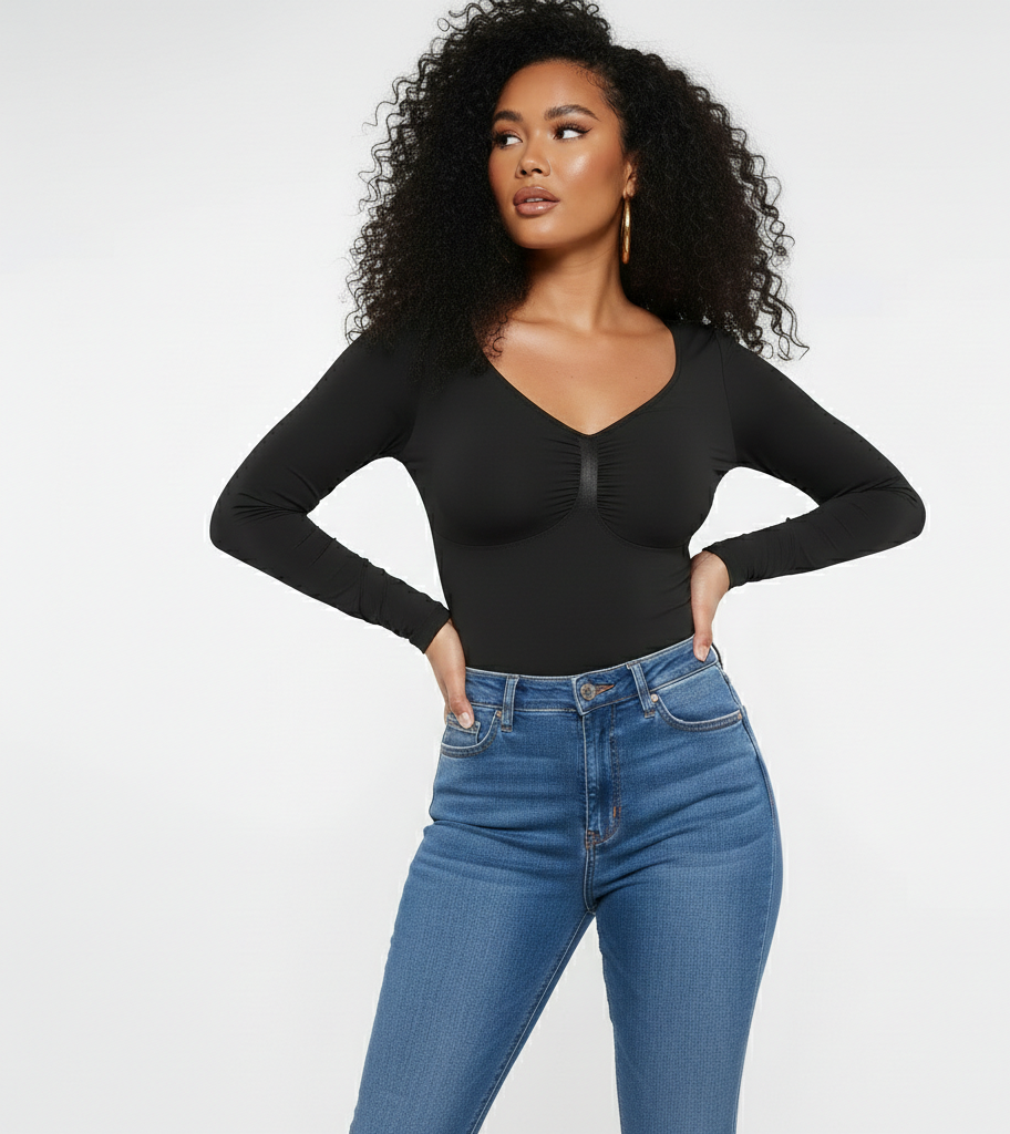 Woman wearing a black long-sleeve bodysuit and blue jeans on a white background