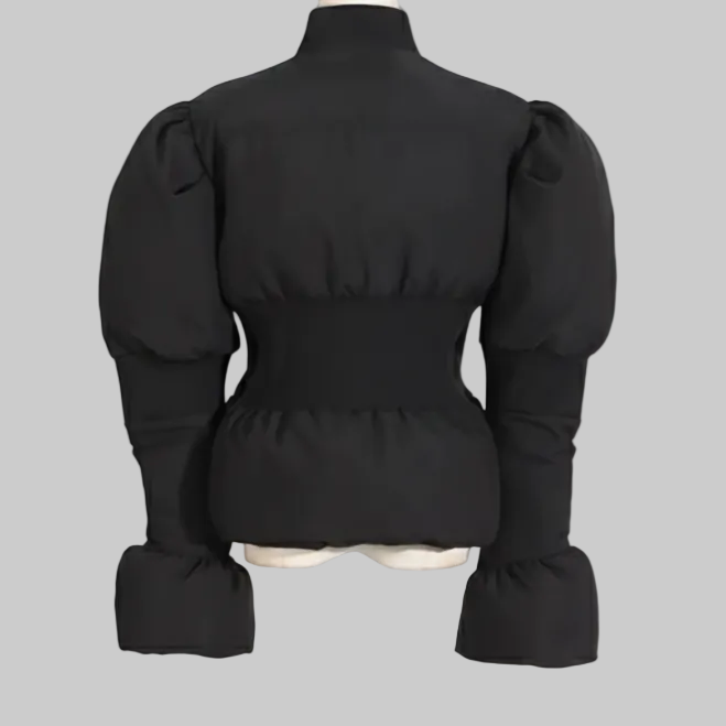 Black puffed-sleeve top on a mannequin against a white background