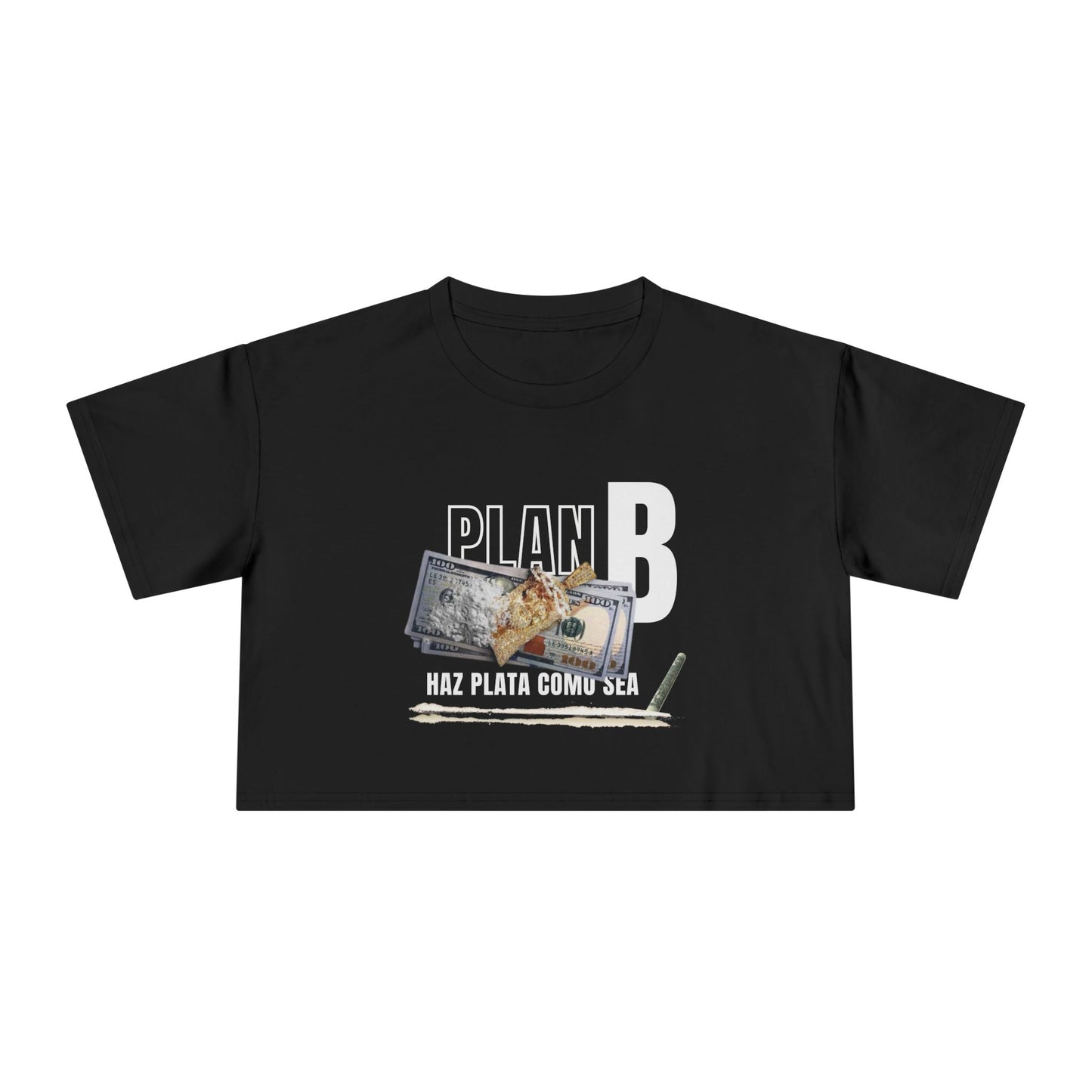 Black t-shirt with 'Plan B' graphic design featuring money and a jesus piece on a white background