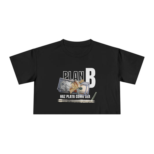 Black t-shirt with 'Plan B' graphic design featuring money and a jesus piece on a white background