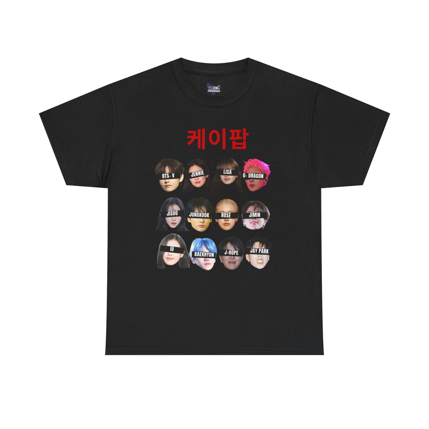 Black t-shirt with colorful graphic of kpop faces and Korean text on a white background