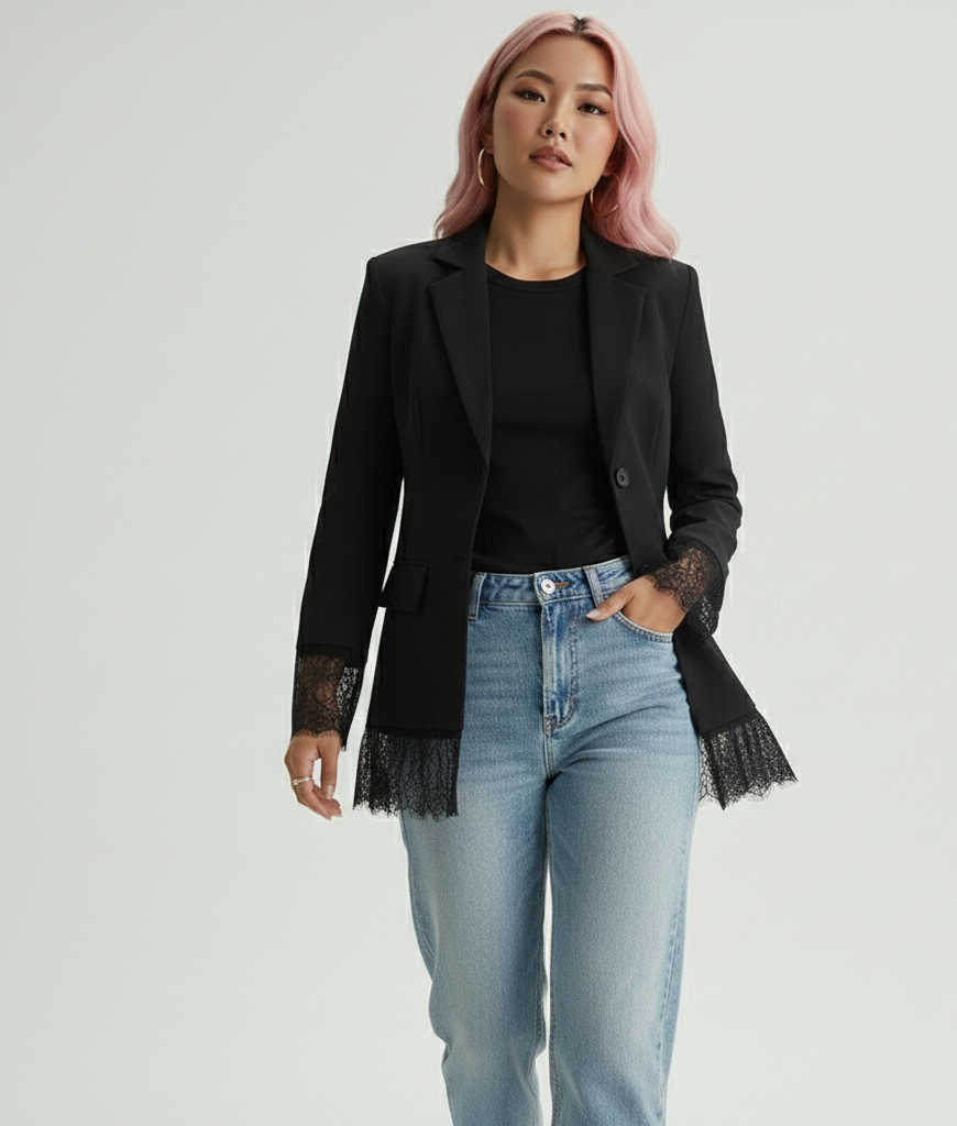 Woman wearing a black blazer with lace cuffs and hem, paired with light blue jeans on a gray background.