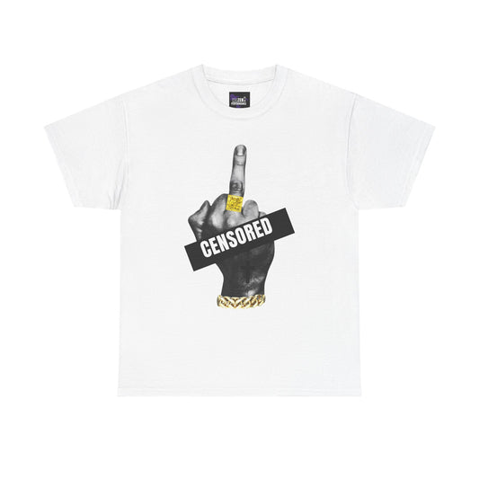 White t-shirt with graphic of a hand making a peace sign with 'CENSORED' text, on a white background.