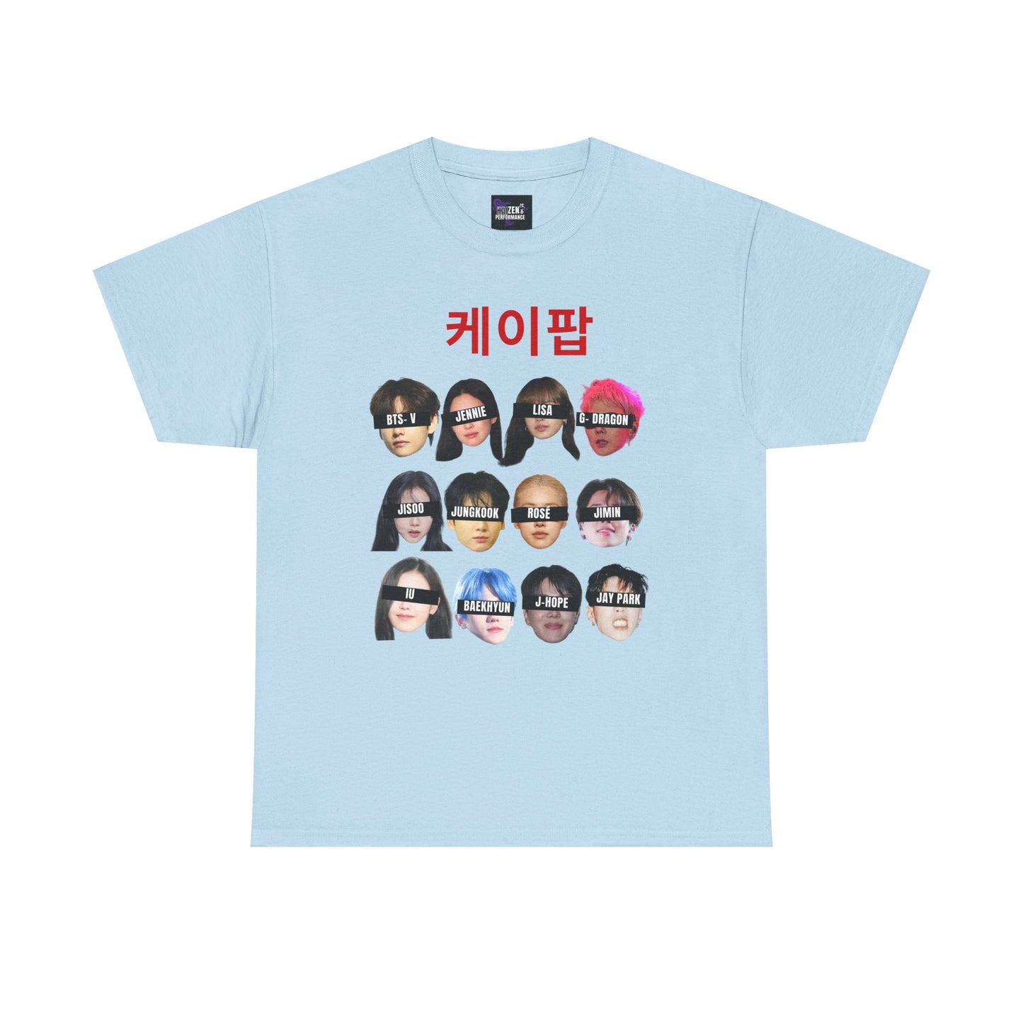 Light blue t-shirt with graphic design of faces and text on a white background