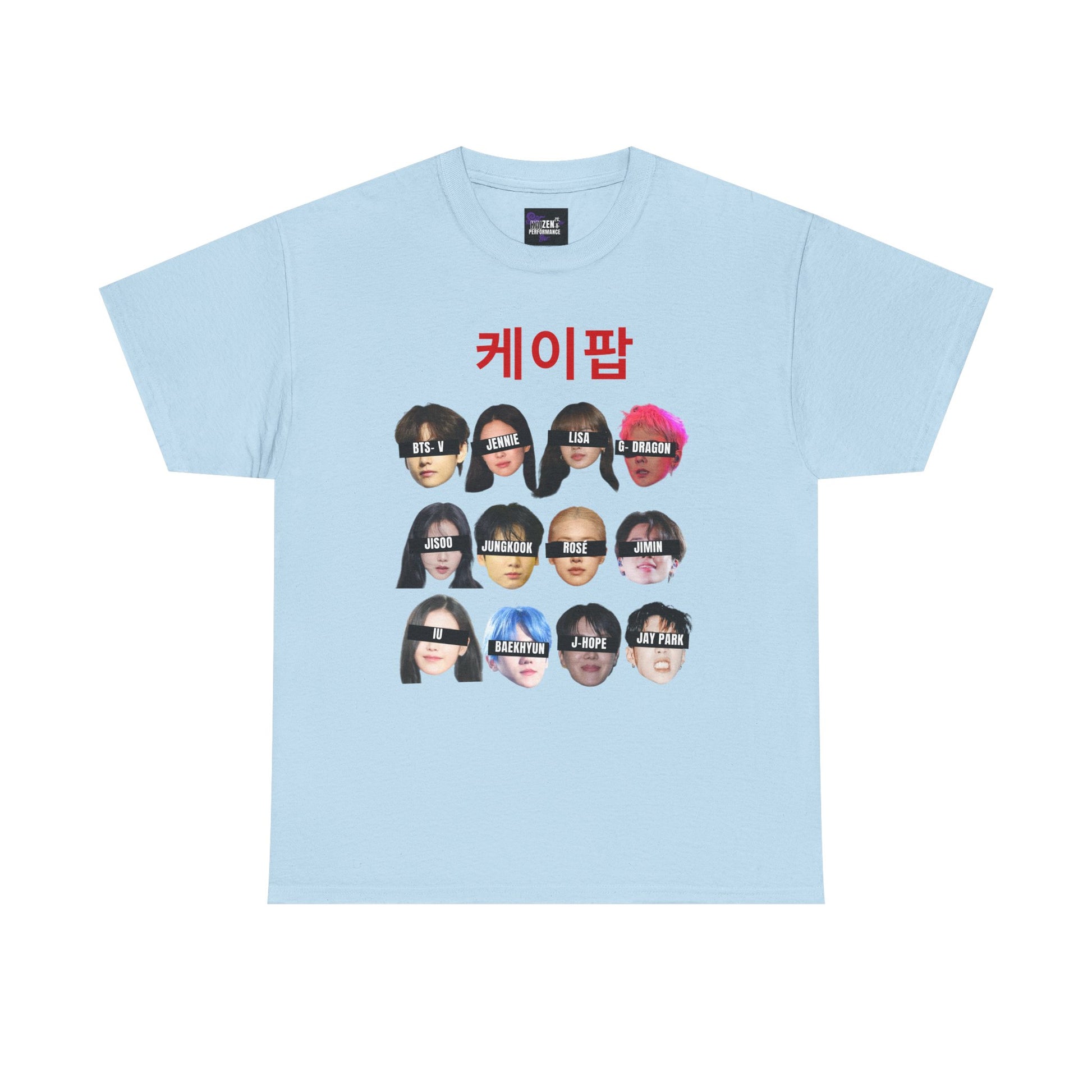 Light blue t-shirt with graphic design of faces and text on a white background