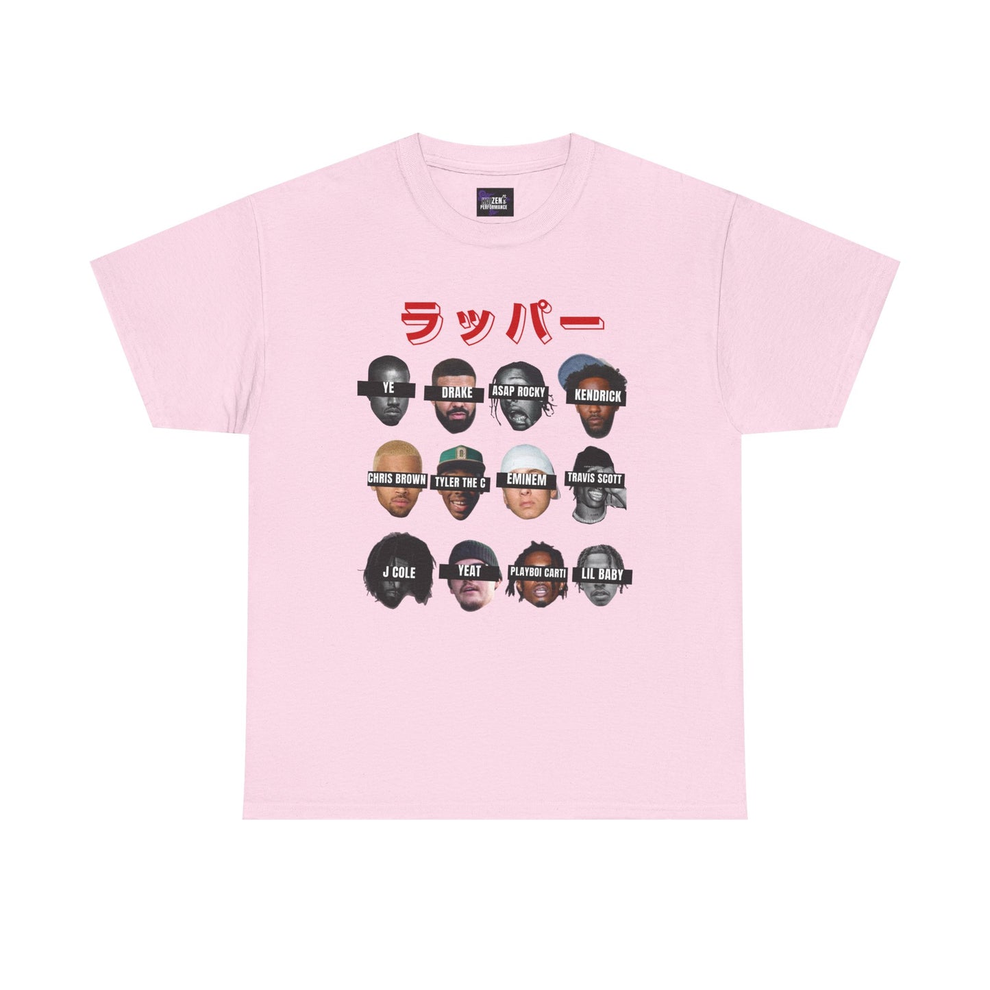 Pink t-shirt with graphic design of faces and text on a white background