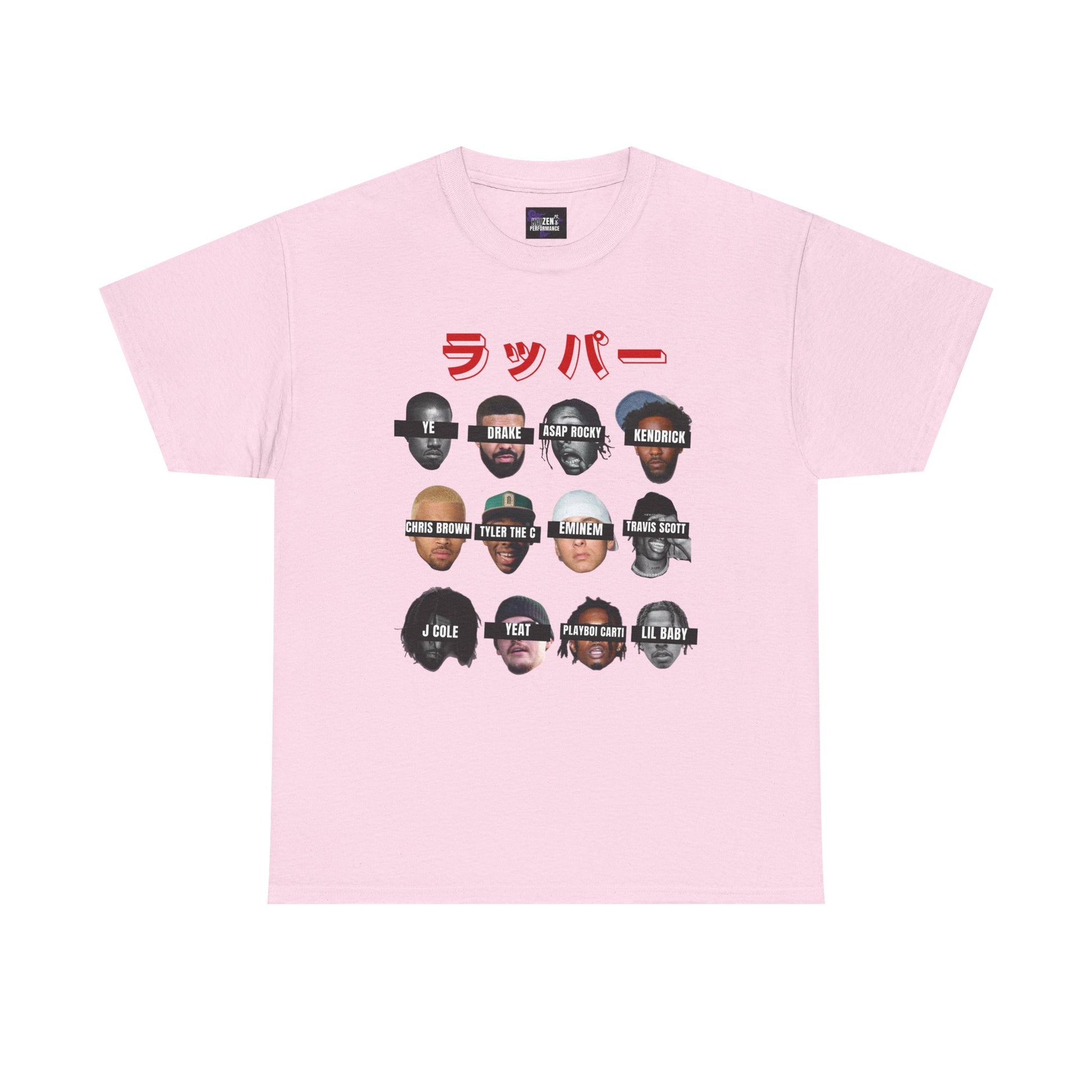 Pink t-shirt with graphic design of faces and text on a white background
