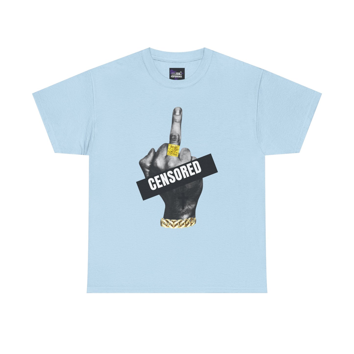 Light blue t-shirt with a graphic of a hand with a ring labeled 'CENSORED' on a white background