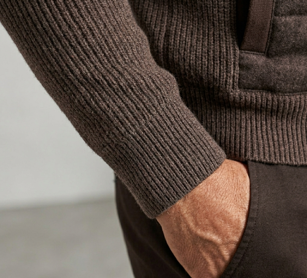 Close-up of a person wearing a brown sweater and dark pants with a blurred background