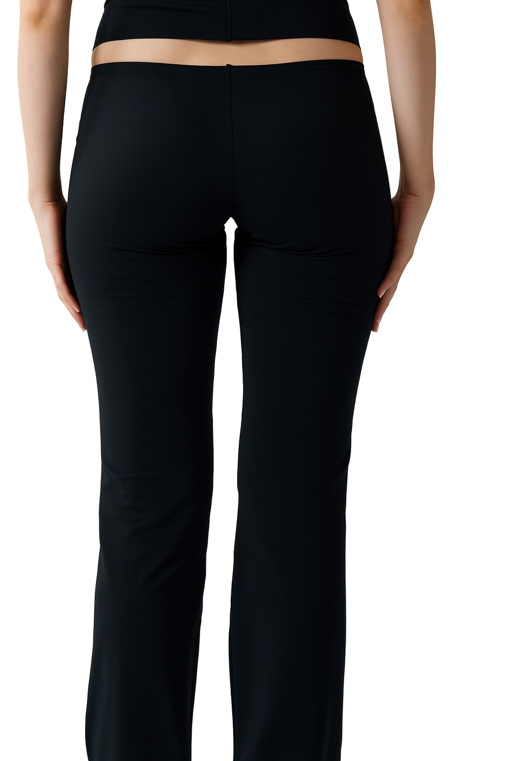 Black pants worn by a person on a white background