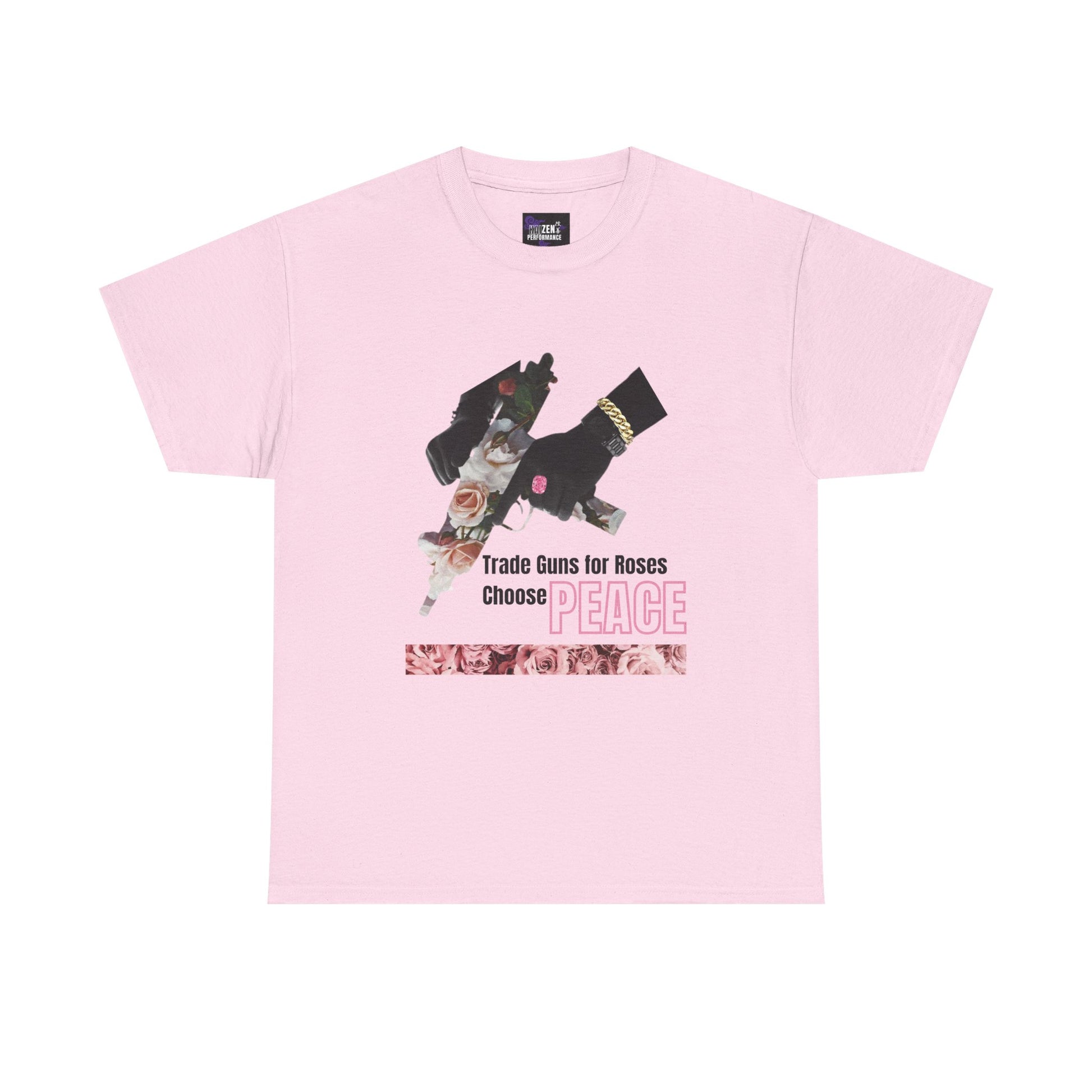 Pink t-shirt with graphic design and text on a white background