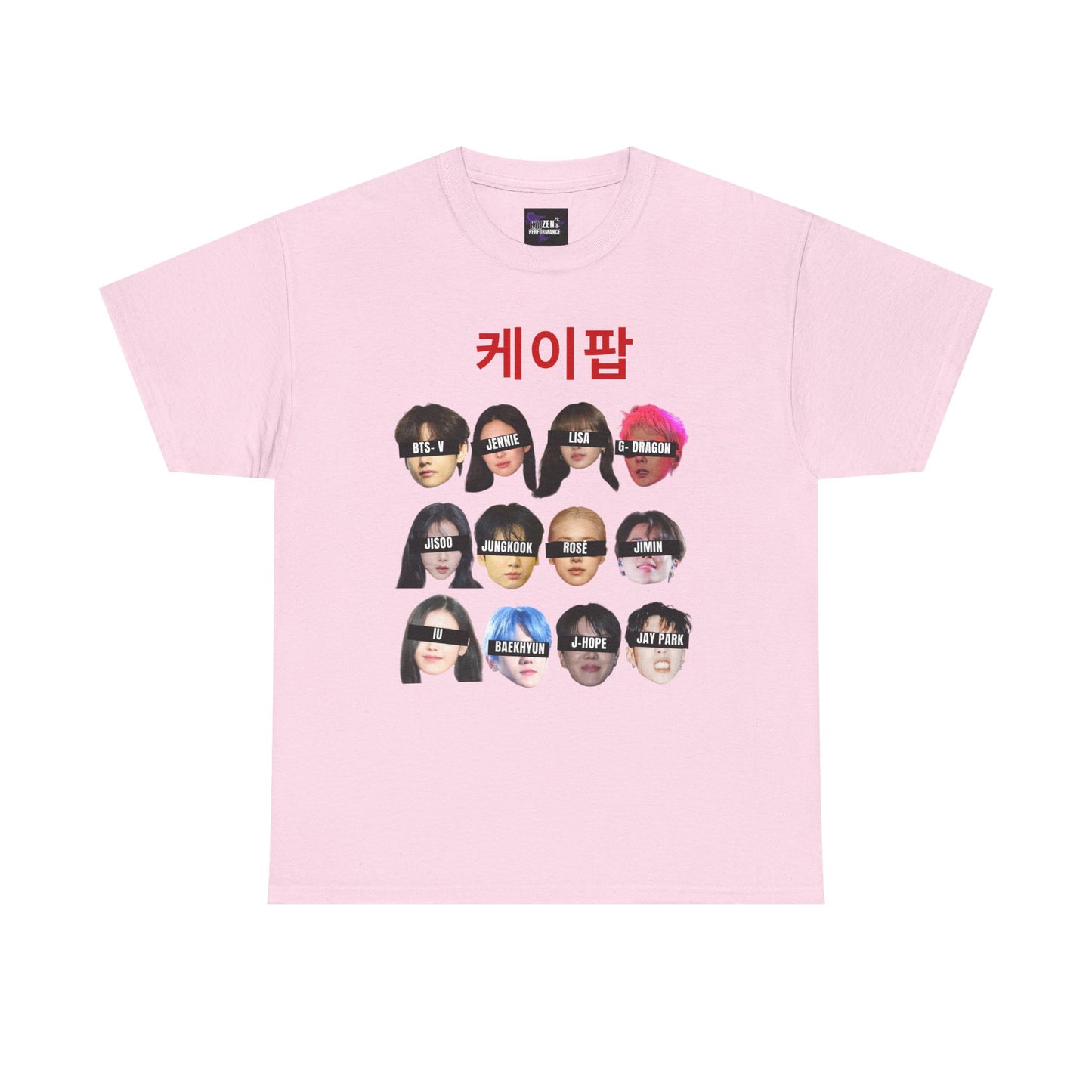 Pink t-shirt with graphic design and text on a white background