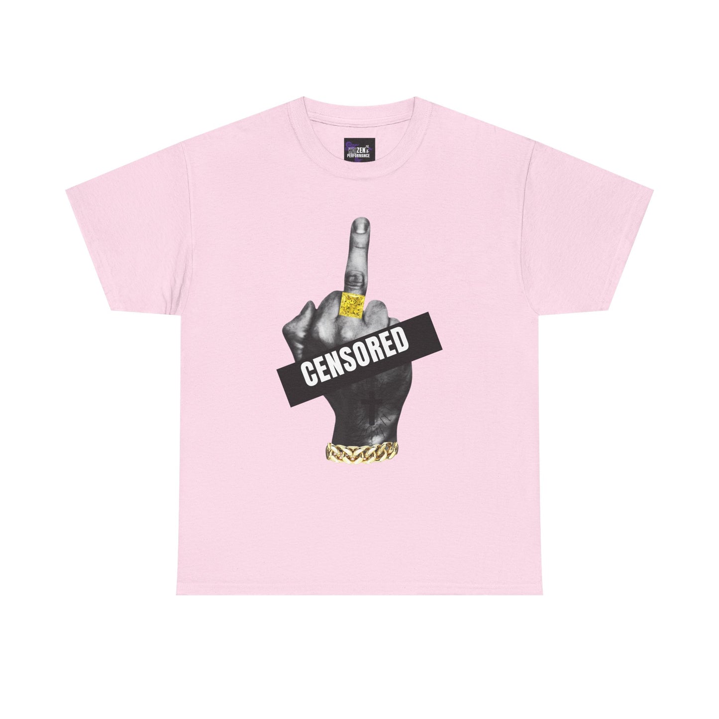 Pink t-shirt with a graphic of a hand making a middle finger gesture with 'CENSORED' text on a white background.