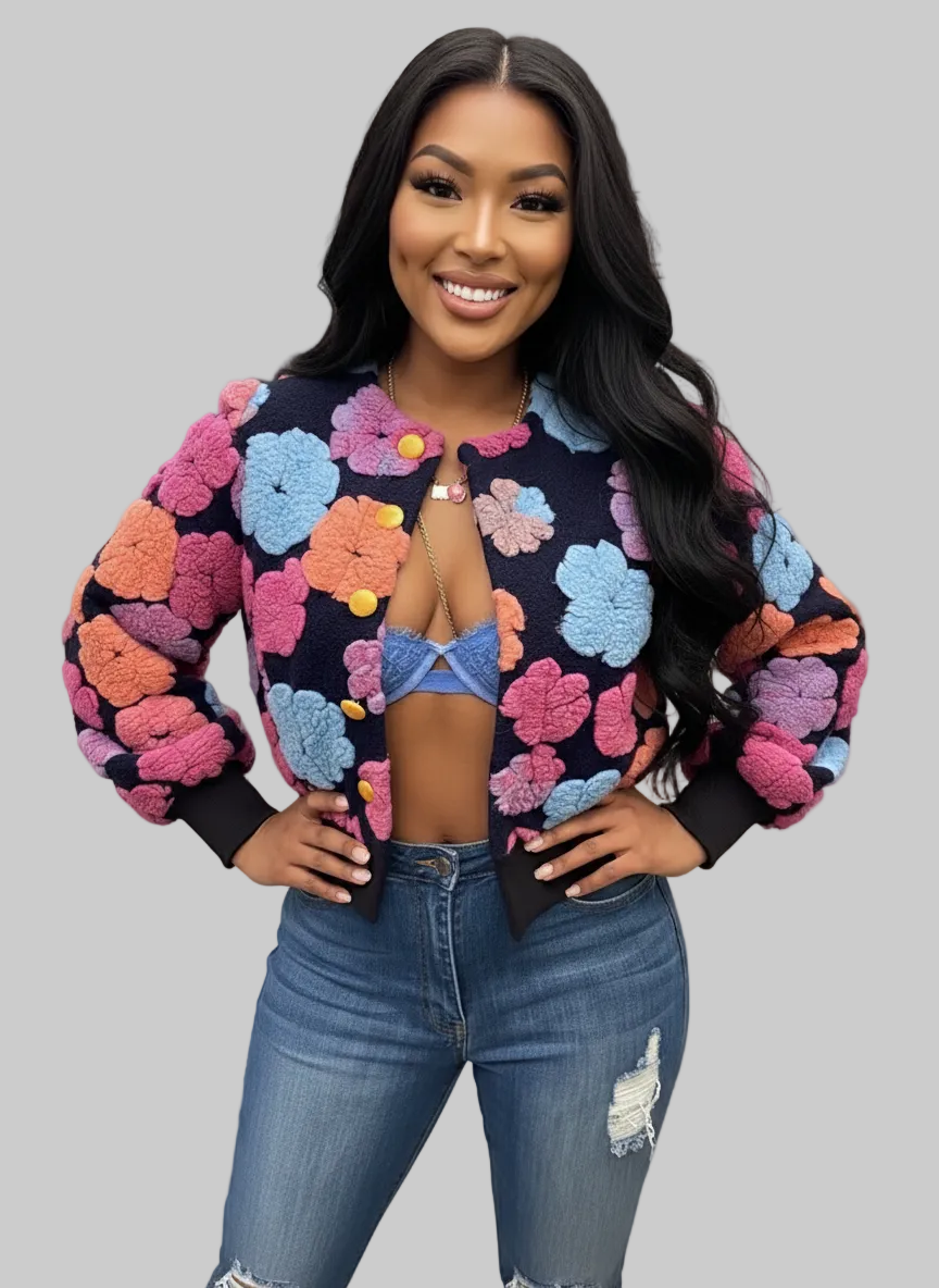 Woman wearing a colorful floral cardigan and jeans indoors.