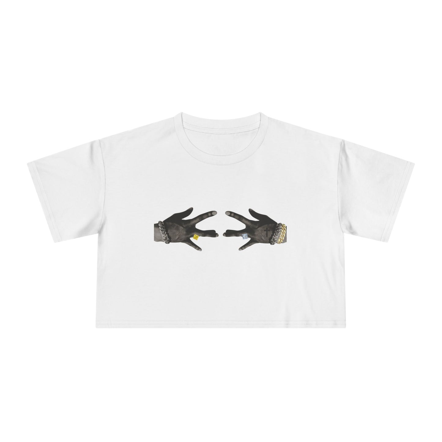 White t-shirt with graphic of two hands on a white background