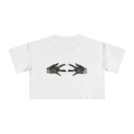 White t-shirt with graphic of two hands on a white background