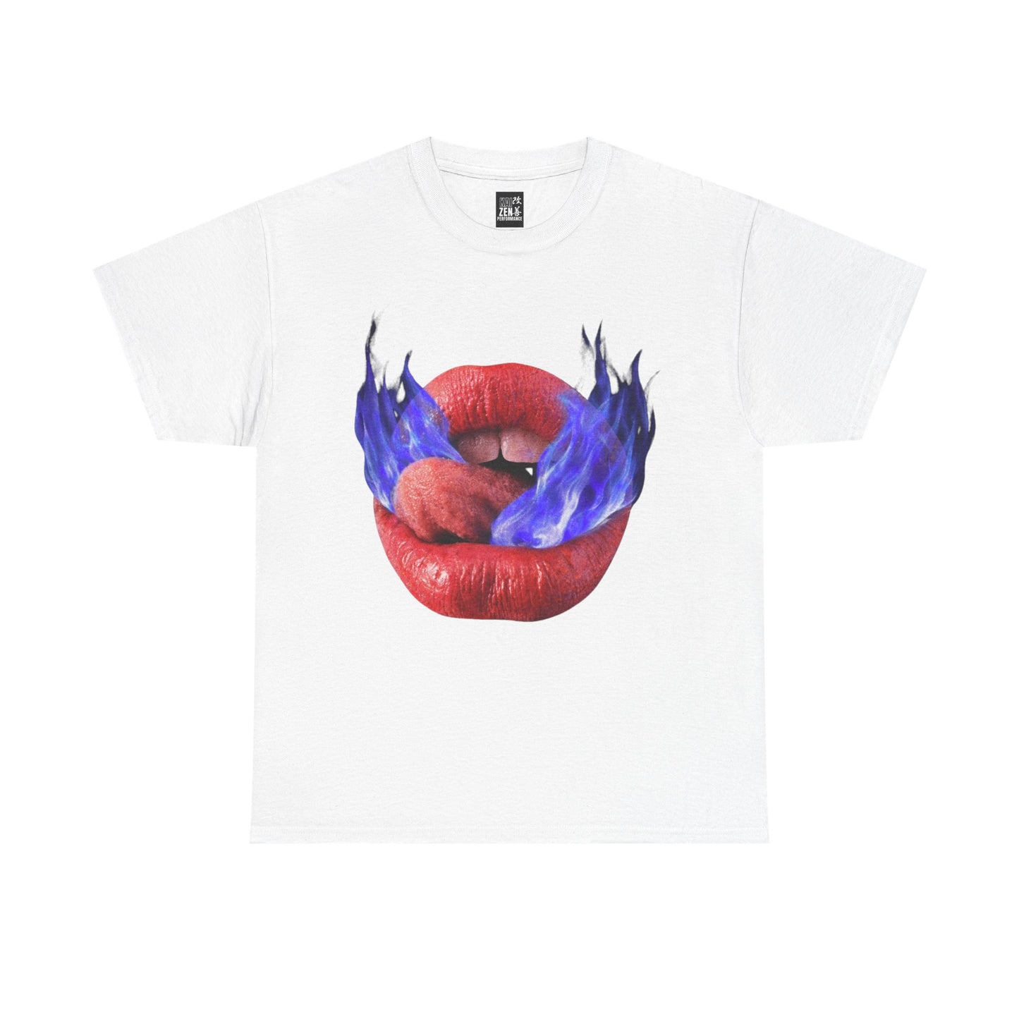 Flaming Blue Kiss T-Shirt — Bold Red Lips & Blue Flame Graphic Tee