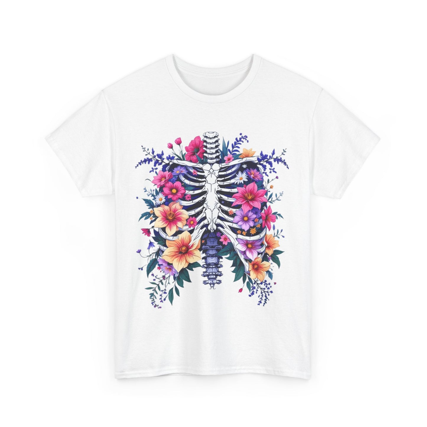 Floral Skeleton Unisex Tee - Boho Chic Heavy Cotton Shirt