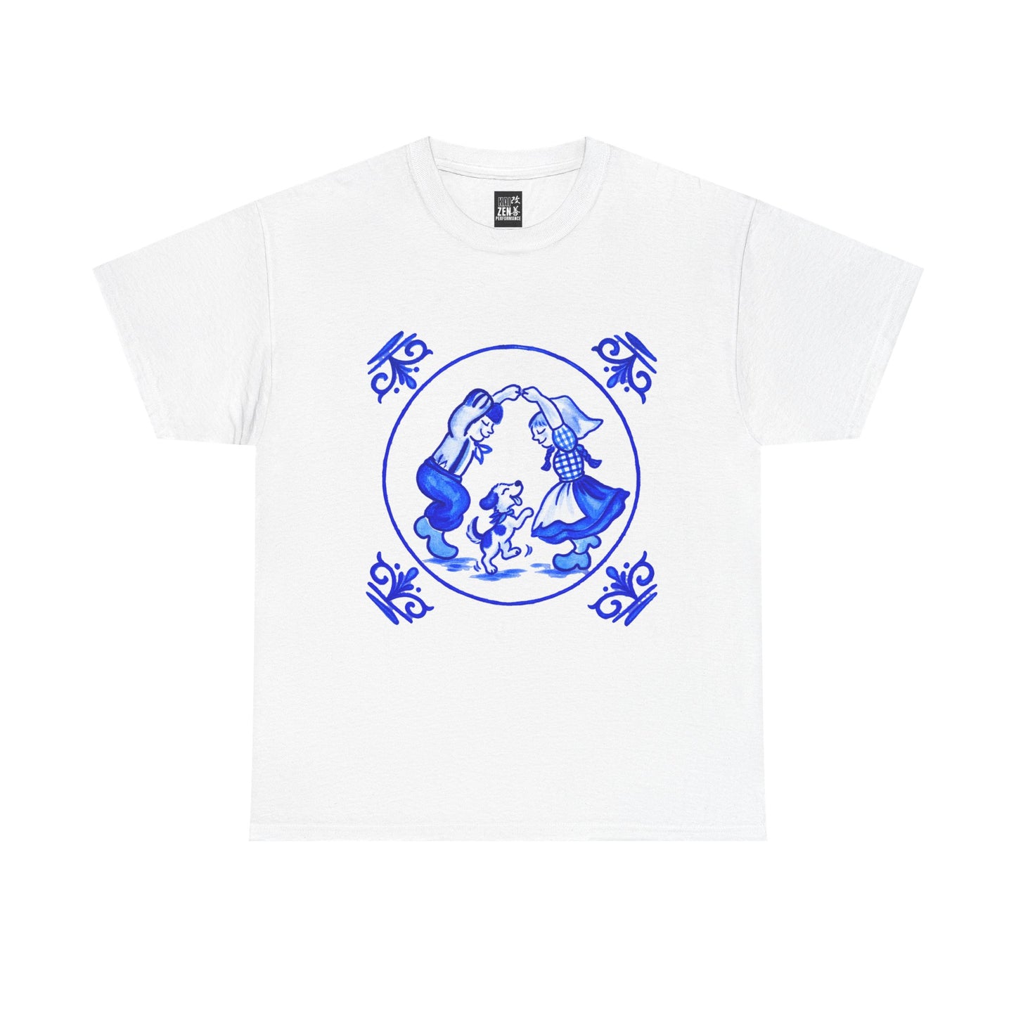 Blue Delft-Style Children & Dog Graphic Tee