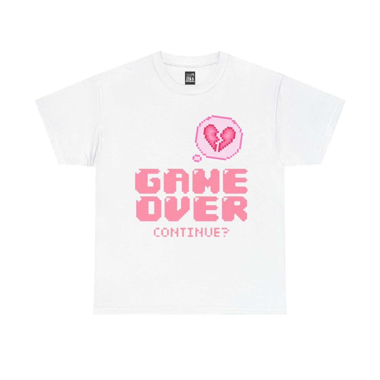 T-Shirt — Retro Pink "Game Over Continue?" Pixel Heart Tee