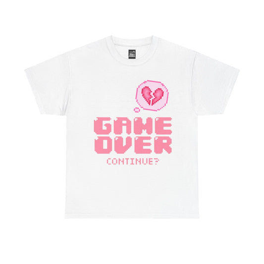 T-Shirt — Retro Pink "Game Over Continue?" Pixel Heart Tee